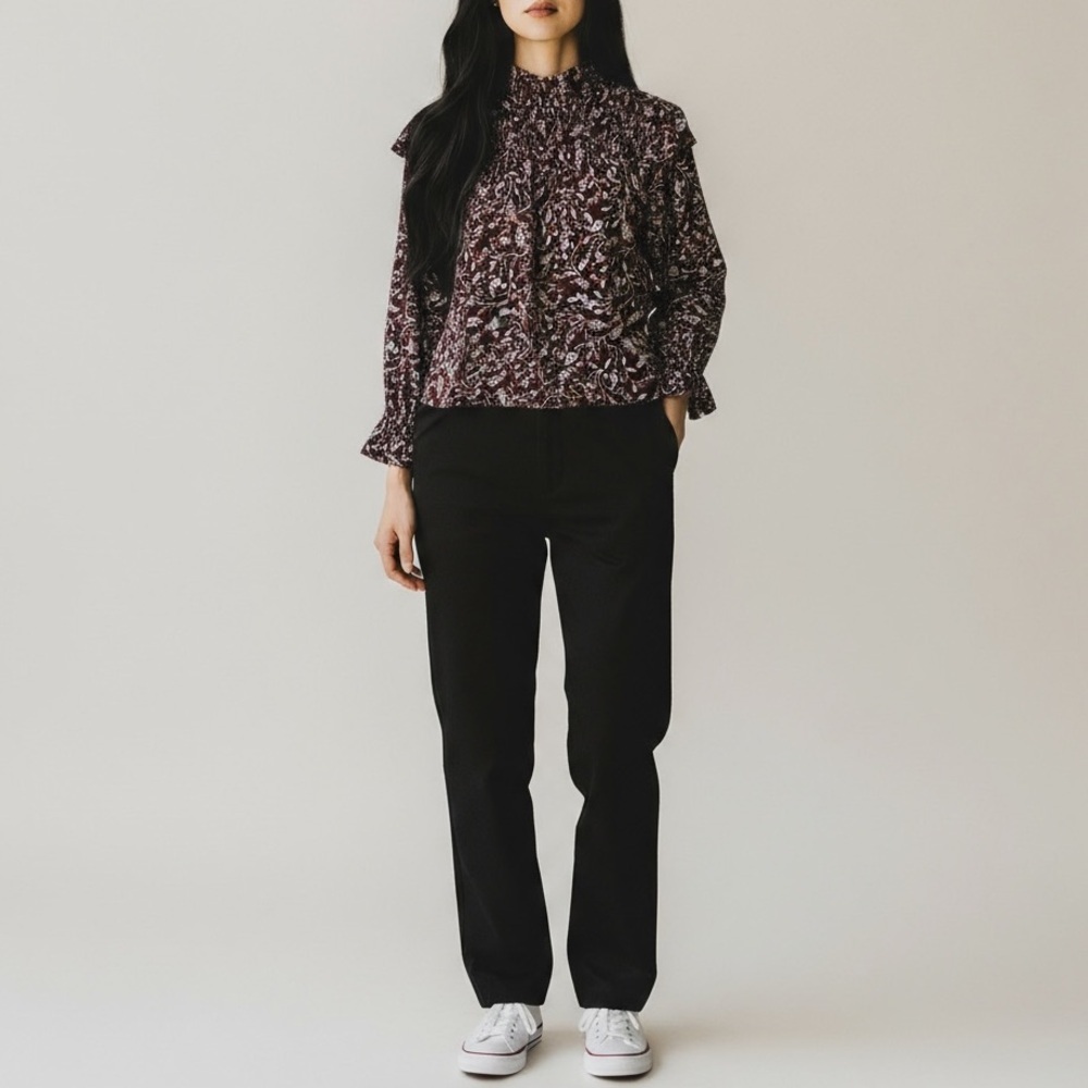 Cato Liquid Knit Smocked Mock Neck Blouse Floral Paisley‎ Ruffle Sleeve Boho L